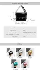 Detailed size chart and multi-color specifications for the mini patent leather square bag