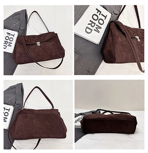 Detailed views of vintage brown suede shoulder bag with elegant silver rotating lock closure