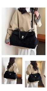 Detail of suede crossbody bag with large capacity and polished silver metal buckle