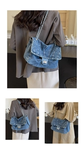 Triple vue du sac en jean avec chaîne montrant le style arrière avec des tenues