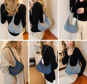 Detailed views of women denim crescent hobo bag shown in light and dark blue washes