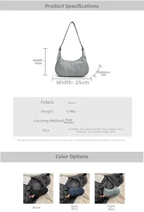 Detail view of denim crescent bag dimensions and three color options in blue and black
