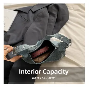 Internal capacity of light blue denim shoulder bag with wallet and phone inside
