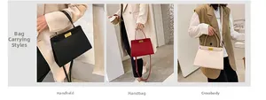 Vues détaillées du sac à main style Kelly en noir, rouge et blanc en cuir grainé litchi
