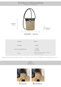 Detail view of woven straw mini bag featuring a pearl clasp and leather flap closure