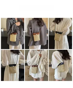 Multiple views of a woven crossbody phone bag with contrast flap and pearl clasp detail