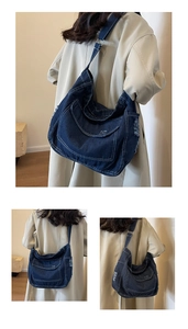 Dettaglio borsa a tracolla in denim blu scuro con bordi sfrangiati e cuciture a contrasto