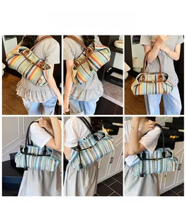 Collage of striped and geometric straw baguette bags worn as shoulder and handbags