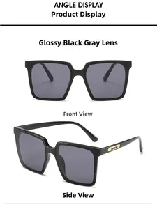 Details einer übergroßen schwarzen quadratischen Sonnenbrille mit Goldakzenten am Bügel
