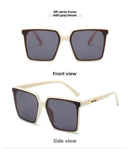 Vorder- und Seitenansicht der eckigen beige Sonnenbrille mit grauen Gläsern