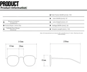 Size guide for oversized square sunglasses showing detailed frame dimensions and lens measurements
