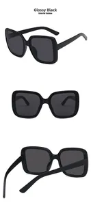 Detail view of large square black sunglasses with dark grey lenses in three angles