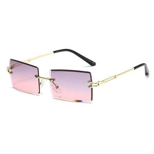 Modern rimless square sunglasses with purple gradient lenses and gold metal frame