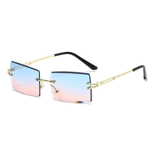 Fashionable rimless square sunglasses with blue-pink gradient lenses and gold metal frames