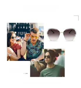 Detail view of rimless butterfly sunglasses with rhinestone edges and gradient purple lenses