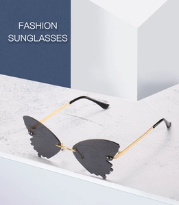 Close-up of butterfly wing shaped rimless sunglasses with hand-set rhinestones