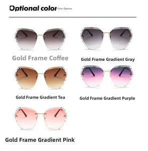 Detail of rimless crystal cut sunglasses in five gradient colors with rhinestone edges