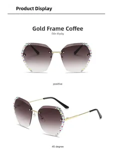 Detail view of gold frame coffee sunglasses with rhinestones and gradient lenses