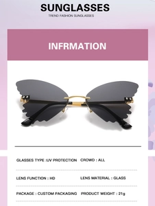 Detail view of butterfly rimless sunglasses with UV protection and gold metal frame