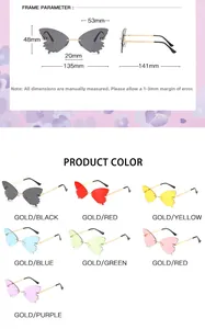 Detailed size parameters and multicolor butterfly-shaped rimless sunglasses display