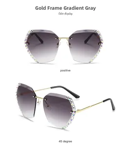 Detail of gold rimless sunglasses with gradient grey lenses and rhinestone embellishments