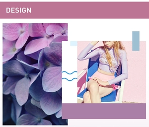 Detail of girl's purple long sleeve sun protection swimsuit with letter print and pink skirt
