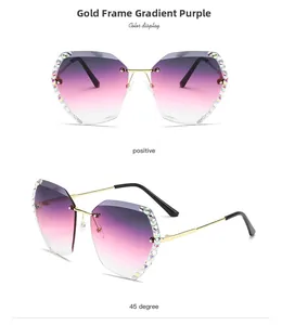 Detail of rimless gold sunglasses with gradient purple lenses and rhinestone edges