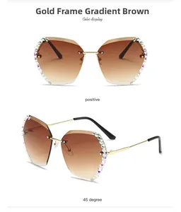 Detail view of gold frame rimless sunglasses with gradient tea lenses and rhinestones