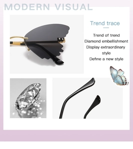 Detail of butterfly-shaped rimless sunglasses with sparkling diamond hinge accents