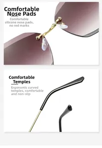Detail of rimless gradient lenses with gold bridge and ergonomic curved temples
