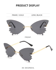Front and side view of butterfly shaped rimless sunglasses with gradient lenses