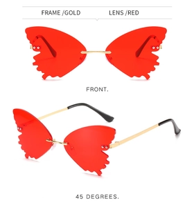 Front and side view of gold metal butterfly sunglasses with red wing-shaped lenses