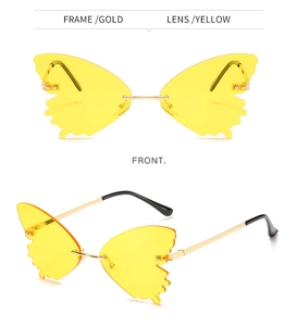 Front and 45-degree side view of rimless butterfly sunglasses with yellow lenses and gold frame