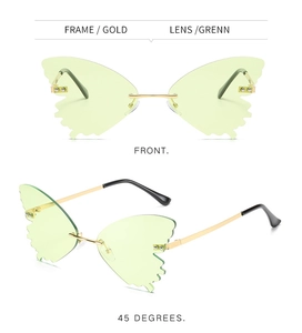 Front and side view of butterfly shaped oversized sunglasses with hand-set rhinestones
