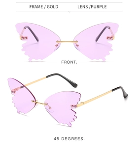 Detail of purple butterfly rimless sunglasses with gold metal frame and side view