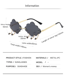 Detailed dimension guide for cloud-shaped rimless sunglasses with teardrop pendants