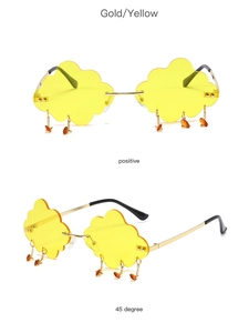 Close-up of yellow cloud-shaped sunglasses with metal raindrop charms and gold frames