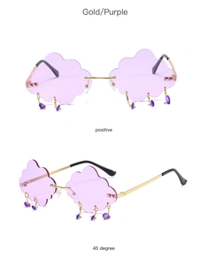 Detailed front and side views of rimless cloud sunglasses with purple raindrop charms