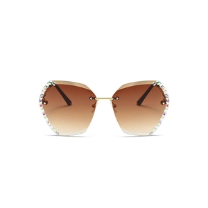 Frameless oversized gradient brown sunglasses with colorful rhinestone accents for women