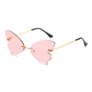 Chic rimless butterfly shaped sunglasses with pink lenses and gold metal frames