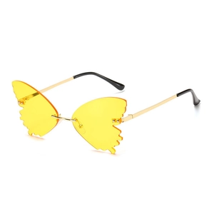 Fashion butterfly oversized rimless sunglasses with yellow lenses and metal frame for women