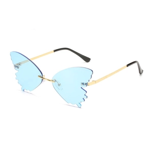Frameless butterfly shape sunglasses with light blue lenses and gold metal temples
