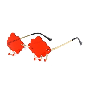 Cloud-shaped rimless sunglasses with red lenses and dangling raindrop metal charms