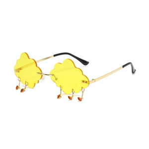 Frameless cloud-shaped sunglasses with yellow lenses and hanging raindrop charms