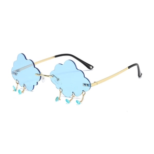 Frameless blue cloud sunglasses with golden metal frame and creative raindrop pendants