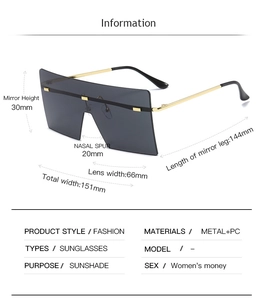 Detailed dimension chart and size specifications for rimless oversized square sunglasses
