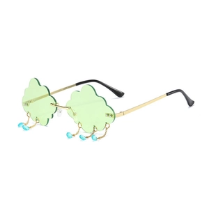 Frameless cloud-shaped sunglasses with light green lenses and hanging raindrop charms