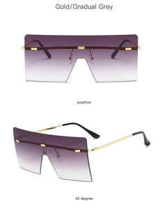 Detail view of rimless square sunglasses with gradient grey lenses and gold metal frames