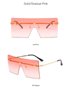 Macro view of rimless square sunglasses with gold metal frame and gradient pink lenses