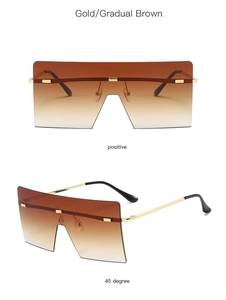 Detail view of frameless square gradient brown sunglasses with gold metal temples